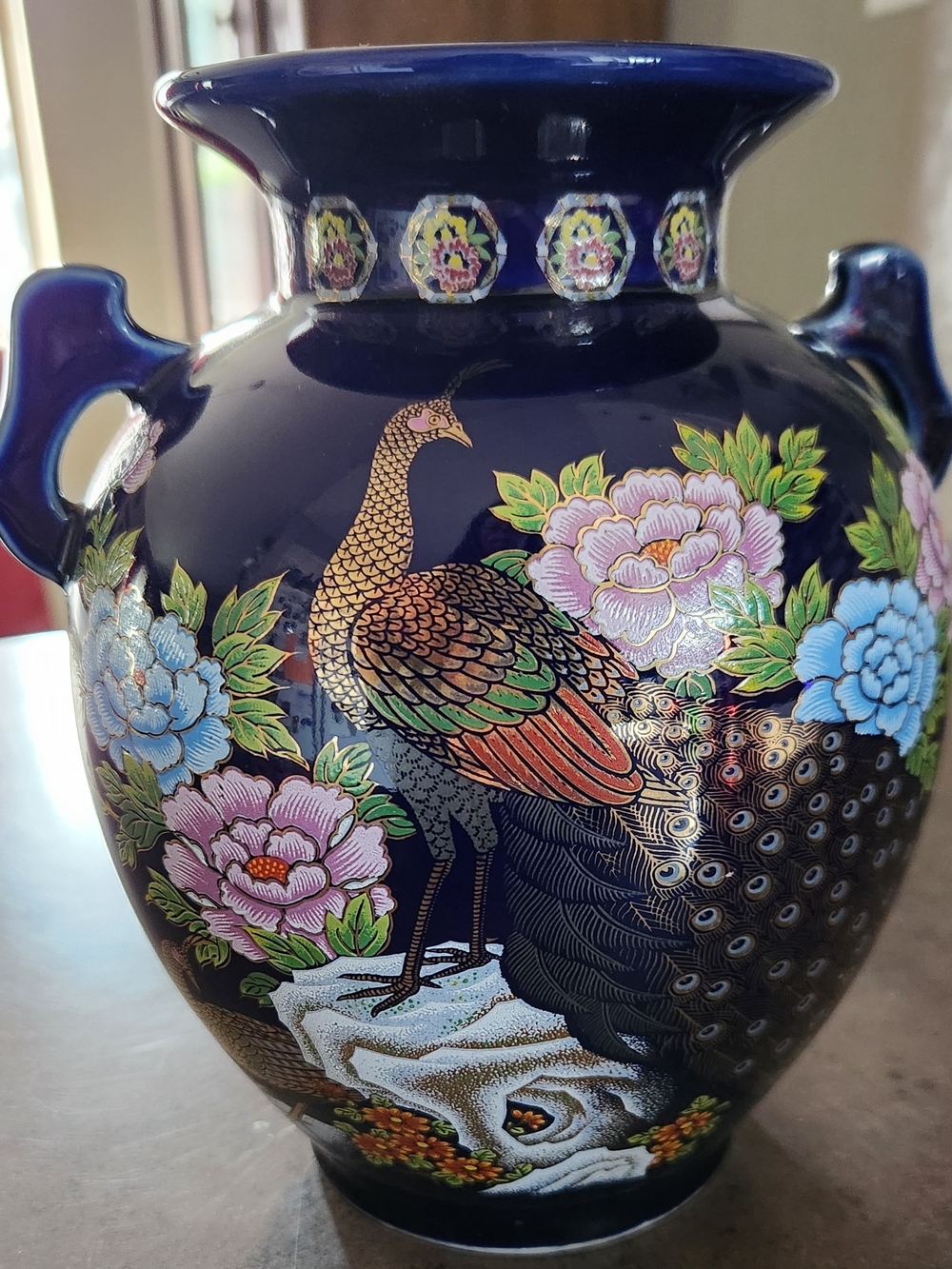 Vintage Meito Japan Cobalt Blue Vase Gold Gilt Peacock Peony Flowers Handles 8"